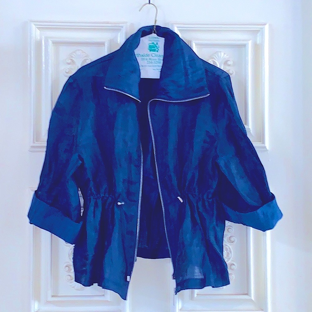 🆕Ruby Rd Fancy Linen Jacket Navy Silver Zip-up+Mother of Pearl Button Sleeves